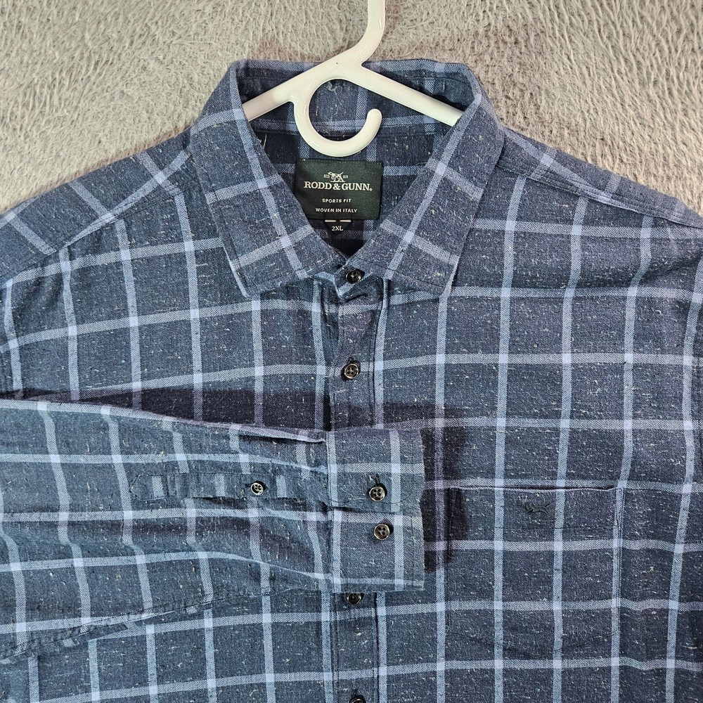 Rodd & Gunn Shirt Men 2XL Sports Fit Button Up Long Sleeve Blue Plaid Italy